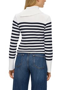 Strickpullover mit hohem Kragen, ausgestattet mit horizontalen Streifen in Marineblau und Weiß. Getragen mit blauen Jeans in mittlerer Taille, Rückansicht zu sehen.