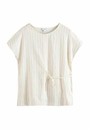 Light cream-colored top with vertical stripes, short sleeves, a round neckline, and adjustable tie detail at the waist. Cotton blend fabric.