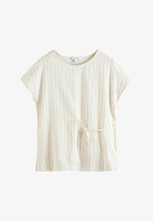 Helles cremefarbenes Oberteil mit vertikalen Streifen, kurzen Ärmeln, einem runden Halsausschnitt und verstellbarem Bindeband in der Taille. Baumwollmischung.