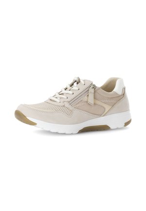 Beige casual sneaker with white sole, side zipper, lace-up front, and perforated detailing on toe and mesh upper panels.