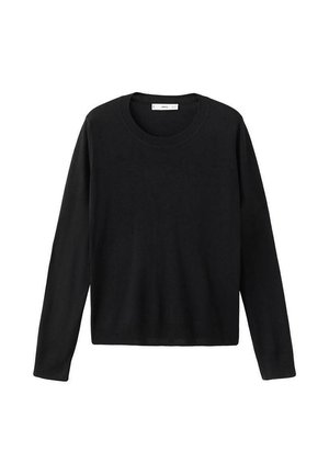 Schwarzer Langarmpullover aus leichtem Strickmaterial, mit rundem Halsausschnitt und geradem Saum, ohne sichtbare Muster oder Verzierungen.