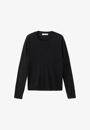 Čierny sveter s dlhými rukávmi vyrobený z ľahkého pleteného materiálu, s okrúhlym výstrihom a rovnou lemovou líniou bez viditeľných vzorov alebo ozdôb.