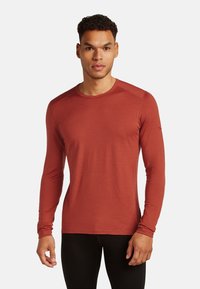 Långärmad skjorta i rostfärgad färg gjord av mjukt tyg, med rund hals, figursydd passform och sömlös axeldesign. Enfärgad textur utan mönster.