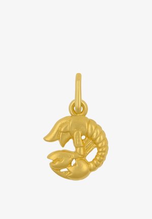 Pendentif en forme de homard doré avec des pinces et une queue détaillées, avec une boucle en haut pour l'attacher à une chaîne ou un bracelet.