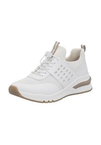 Weiße sportliche Sneaker mit Mesh- und glatten Texturen, die eine beige Akzentfarbe auf der Sohle, eine Schnürung und Ösen-Details an den Seiten aufweisen.