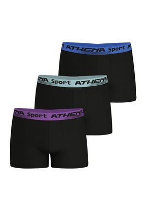 Boxers pour hommes noirs avec ceintures élastiques contrastantes en bleu, vert et violet. Tissu lisse avec une texture côtelée.