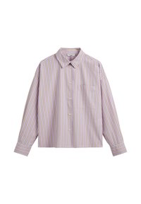 Licht paarse langemouwen shirt met verticale strepen in geel en lavendel. Heeft een puntige kraag en een borstzak. Met knoopsluiting.