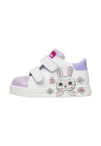Scarpe da ginnastica bianche con punta e tallone glitterati in viola, caratterizzate da un'illustrazione di un coniglio e disegni floreali. Fissate con due cinghie in Velcro.