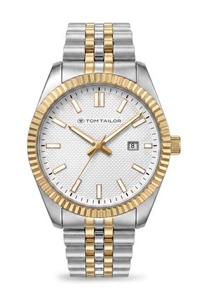 Men's silver and gold wristwatch with textured white dial, gold hour markers and hands, date display at 3 o'clock, and a metal link bracelet.