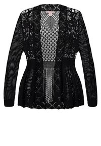 Mustat avoin neulecardigan, jossa on pitkät hihat, teksturoituja kuvioita ja leveä helma. Varustettu ribbireunuksella, joka antaa istuvan ilmeen.