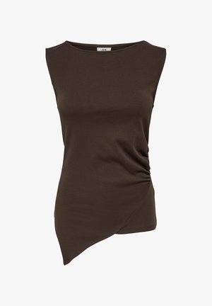 Ärmelloses dunkelbraunes asymmetrisches Top mit geraffter Seite und rundem Ausschnitt aus glattem Stoff.
