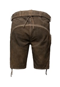 Pantalones cortos de ante marrón con un acabado texturizado, cinturón ajustable con cordón, bolsillos laterales y detalles de costura en contraste.