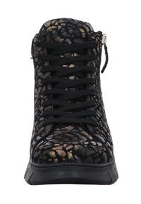 Black high-top sneaker with a textured animal print pattern featuring metallic accents, black laces, and a side zipper for easy access.