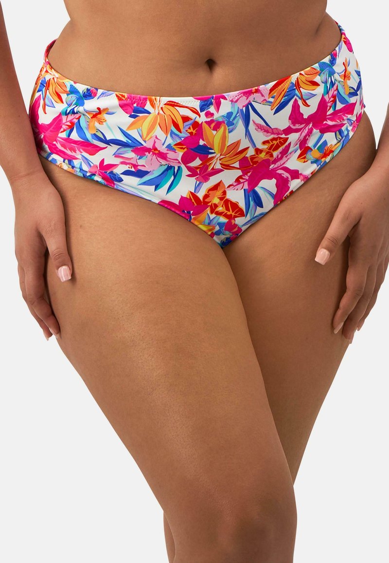 Parte inferior de bikini de talle alto con un vibrante patrón floral en rosa, naranja y azul sobre un fondo blanco, fabricada en tela elástica.