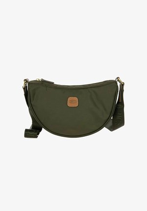 Olive green crossbody bag made of durable nylon, featuring a curved silhouette, leather patch logo, and adjustable strap with branding.