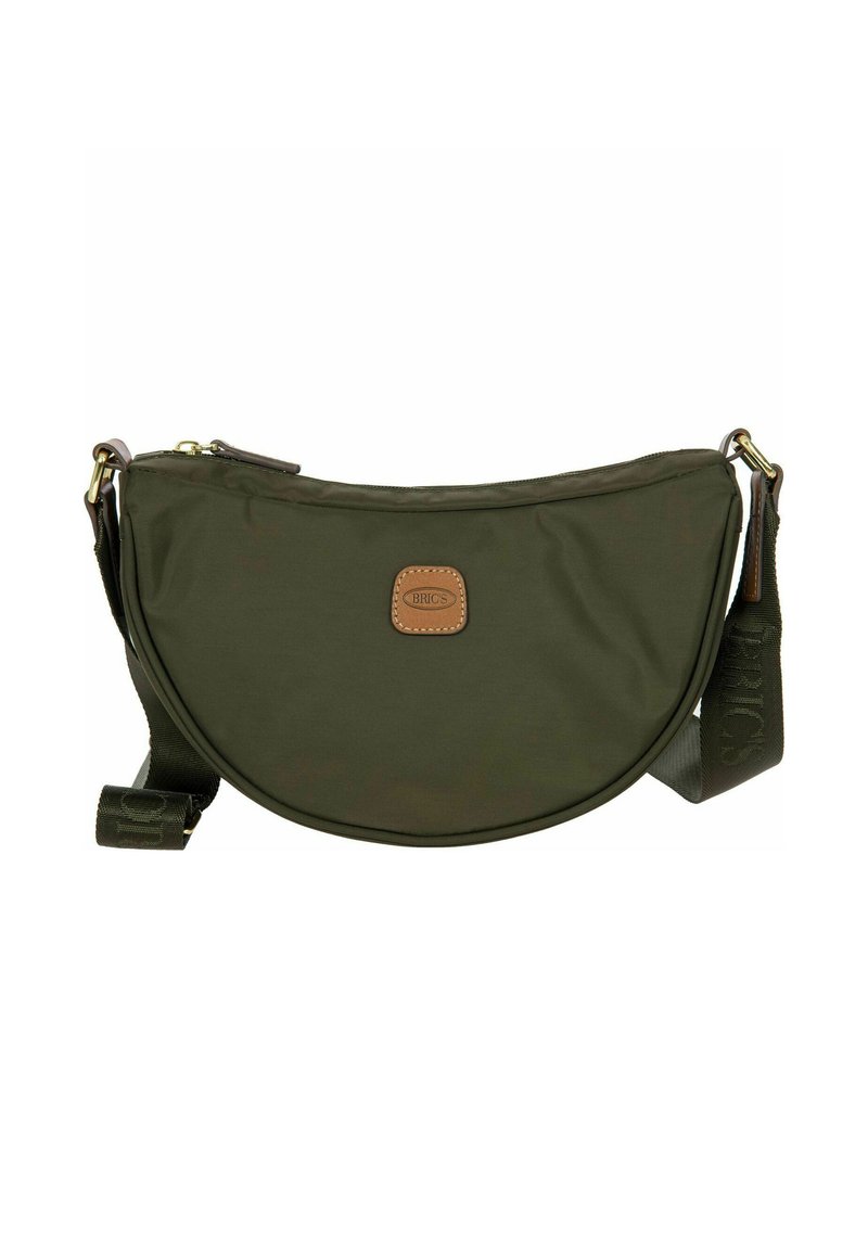 Borsa a tracolla verde oliva realizzata in nylon resistente, con una silhouette curvata, logo in pelle e tracolla regolabile con branding.