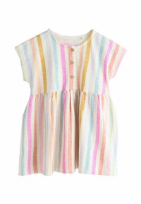Korte mouw peuterjurk met verticale pastel strepen in roze, blauw, geel en groen, met drie frontknopen en een geraffineerde taille.