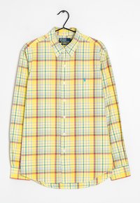Yellow plaid shirt with button-down collar. Features red, blue, and green lines in a crisscross pattern. Made from lightweight fabric.