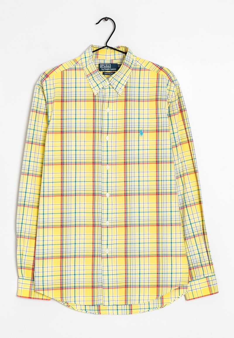 Yellow plaid shirt with button-down collar. Features red, blue, and green lines in a crisscross pattern. Made from lightweight fabric.