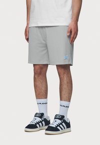 Grå treningshorts med elastisk midje og en blå logo-patch. kombinert med hvite sokker og svarte semskede sneakers med striper.