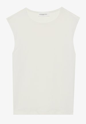 Hvit ermeløs topp med rund hals. Laget av glatt stoff, har den en avslappet passform og minimalistisk design. Ingen mønstre eller detaljer.