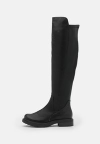 Botas de cuero negras hasta la rodilla con puntera redondeada, tacón resistente y textura suave. Presentan costuras mínimas y un diseño elegante.