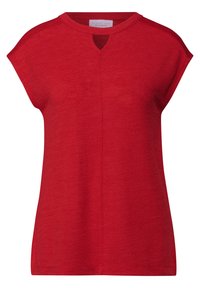 Top rosso a maniche corte realizzato in materiale morbido, con scollatura a forma di chiave e vestibilità rilassata con cuciture pulite. Nessun motivo o accentuazione visibile.