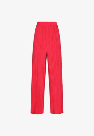 Krepové široké nohavice v jasne červenej farbe s elastickým pásom a textúrovanou tkaninou. Majú hladký povrch s vertikálnymi pruhmi.
