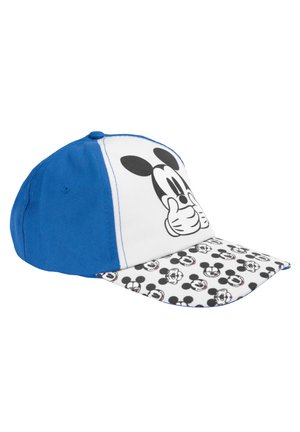 Blue baseball cap with white front panel featuring a black Mickey Mouse graphic. Brim covered in repeating Mickey Mouse and polka dot pattern.