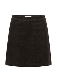 Jupe en velours côtelé noir avec une texture ribbée, de forme droite et d'une longueur mi-cuisse. Ceinture élastique pour le confort, sans matériel visible.
