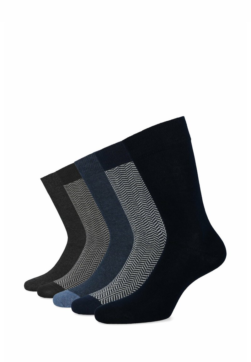 Pięć par skarpetek w różnych ciemnych odcieniach, w tym gładka czerń i granat, z wzorem w jodełkę na dwóch. Materiał mieszanka bawełny.