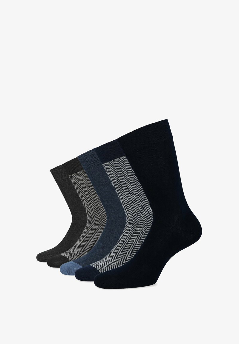 Pięć par skarpetek w różnych ciemnych odcieniach, w tym gładka czerń i granat, z wzorem w jodełkę na dwóch. Materiał mieszanka bawełny.