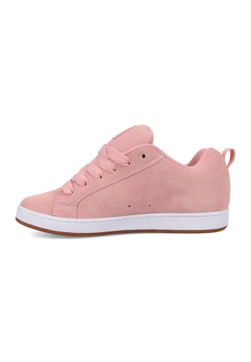 Pink suede low-top sneaker with lace-up front, white sole, and pull tab at the heel, shown from the outer side on white background.