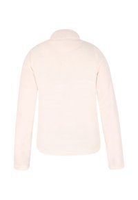 Fleece pullover i off-white, med høj hals og lange ærmer. Blød tekstur og en glat overflade, uden synlige lukninger eller mønstre.