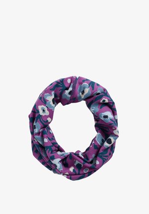 Virágos végtelen sál elasztikus szövetből, lila alappal, türkiz és világoskék virágokkal, valamint zöld levelekkel, sima textúrával.