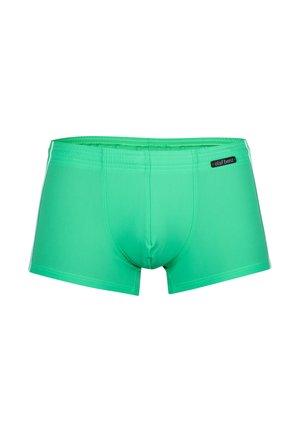 Maillot de bain vert au design ajusté, fabriqué en matériau léger, avec des rayures blanches sur les côtés et une étiquette de marque noire sur la taille.