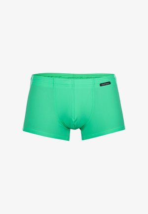 Maillot de bain vert au design ajusté, fabriqué en matériau léger, avec des rayures blanches sur les côtés et une étiquette de marque noire sur la taille.