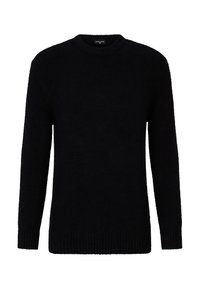 Schwarzer Langarm-Pullover mit Rundhalsausschnitt, mit gerippten Bündchen und Saum, aus weichem Textilstoff gefertigt.