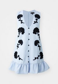 Light blue dress featuring a deep V-neck, black floral embroidery, front button closure, and a ruffled hem. Fabric appears textured.