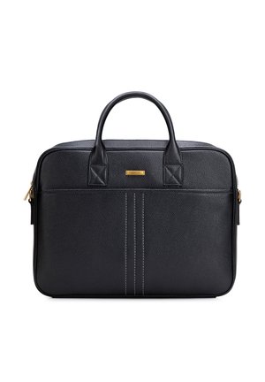 Czarna tekturowa teczka ze skóry z dwoma górnymi uchwytami, złotymi detalami zamka błyskawicznego i pionowym przeszyciem na przednim panelu.