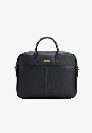 Maletín de cuero negro texturizado con doble asa superior, detalles en cremallera dorada y costuras verticales en el panel frontal.