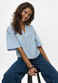 Blauw en gele gestreepte blouse met korte mouwen, een v-hals en knoopsluiting, voorzien van kleine geborduurde details. Gedragen met donkere spijkerbroeken.