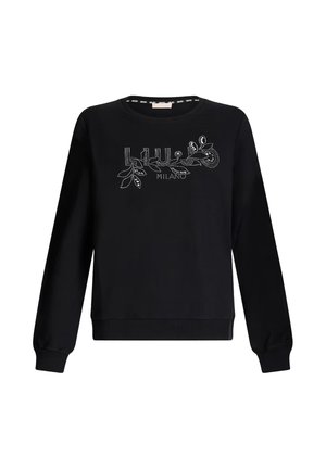 Felpa nera con scollo rotondo, maniche lunghe e un design decorativo con foglie e "MILANO" in strass sul davanti.