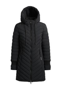 Black padded coat with a hood, featuring a chevron quilt pattern, front zipper, and side pockets. Ribbed cuffs enhance fit and warmth.