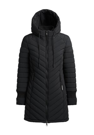 Cappotto imbottito nero con cappuccio, caratterizzato da un motivo a chevrons trapuntato, zip frontale e tasche laterali. Le maniche a costine migliorano la vestibilità e il calore.