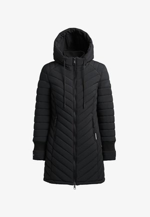Cappotto imbottito nero con cappuccio, caratterizzato da un motivo a chevrons trapuntato, zip frontale e tasche laterali. Le maniche a costine migliorano la vestibilità e il calore.