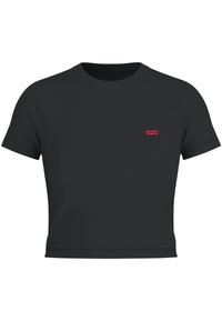 Tricou scurt din bumbac, de culoare neagră, cu un mic logo roșu Levi's pe partea stângă a pieptului, având un design clasic cu guler rotund.