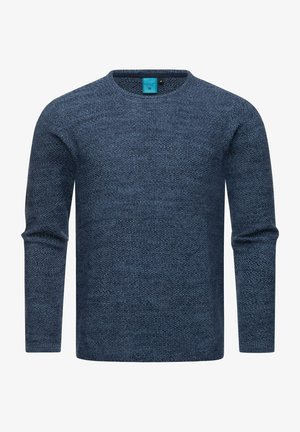 Marineblauwe gebreide trui met lange mouwen, ronde halslijn, gestructureerde stof en een label met maat- en merkinformatie aan de binnenkant van de hals.