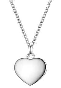 Collana con pendente a forma di cuore in argento, montata su una catena metallica. Il cuore è lucidato con una superficie liscia e presenta un piccolo anello per il fissaggio alla catena.
