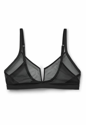 Bralette noire en mesh transparent avec bretelles fines réglables et une encoche centrale à l'avant, conçue pour un maintien léger et un look minimaliste.